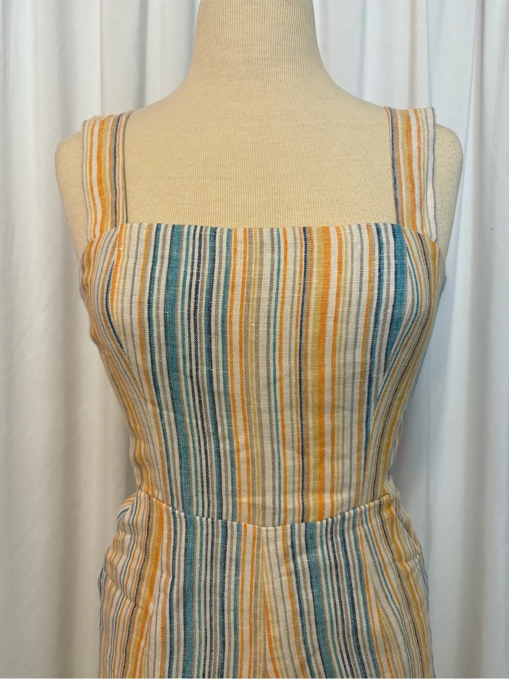 Reformation Island Linen Striped Shorts Romper in Marbella Orange & Blue